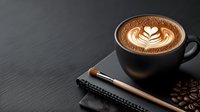 Artistic latte art in black coffee cup with notebook and wooden pencil on dark background, coffee beans scattered around. Moody cafe workspace setting.