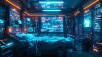 Futuristic medical examination room with glowing neon blue and orange lighting, advanced holographic displays, and high-tech diagnostic equipment surrounding patient bed.