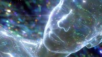 Ethereal glowing translucent jellyfish floating in dark cosmic waters with bioluminescent particles and bokeh lights creating mystical underwater atmosphere.
