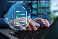 Business professional managing secure digital documents with compliance checklist and data protection icons on laptop computer screen.