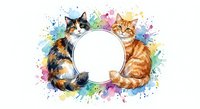 Two adorable cats with colorful watercolor splashes surrounding white circular frame for text or logo design on transparent background.