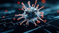 Microscopic virus cell with spiky crown-like surface floating over computer keyboard in dark blue environment, scientific medical visualization for healthcare concepts.