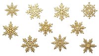 Golden glittery snowflakes isolated on white background for Christmas holiday decorations, winter crafts, greeting cards and festive design projects.
