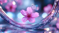 Pink cherry blossom floating on curved water surface with bokeh lights background creates dreamy spring atmosphere for wellness and spa designs.