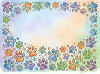 Colorful paw prints and stars frame a watercolor gradient background in soft pastels, creating a playful border design suitable for pet-related projects, greeting cards, and animal-themed artwork.