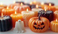Festive Halloween arrangement with glowing pumpkin-shaped candles in orange and black, featuring carved jack-o-lantern faces and decorative ghost figure for seasonal decor.