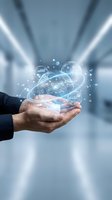 Businessman hands holding holographic cloud computing network with data analytics icons in modern office corridor for digital transformation.