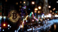 Golden cryptocurrency coin with trading chart and bokeh lights in background, modern digital money concept for financial technology and banking.