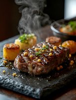 Grilled beef steak with herbs and roasted potatoes on slate board with steam rising, gourmet restaurant meal presentation for culinary marketing.