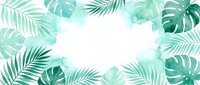 Tropical foliage frame with watercolor monstera and palm leaves in shades of green and teal on white isolated background, suitable for design projects.