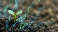 Young green seedling emerging from dark soil with glowing blue energy networks symbolizing growth, innovation and sustainable development in agriculture.
