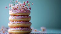 Stack of pink glazed donuts with colorful sprinkles topped with delicate flowers on turquoise background for bakery dessert menu design.
