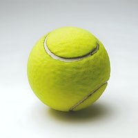 Bright yellow tennis ball with white curved line detail on light background, casting soft shadow. Ideal for sports and recreation concepts.