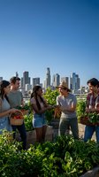 Diverse group of young adults harvesting fresh vegetables in urban rooftop garden with city skyline backdrop, promoting sustainable farming and community agriculture.