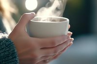 Woman's hands in cozy sweater holding steaming white cup of hot beverage against blurred background with bokeh lights, creating warm atmospheric morning mood.