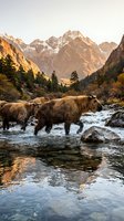 Brown bears fishing in mountain river during golden hour with snow-capped peaks and autumn forest creating dramatic wilderness landscape.