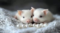 Two adorable white baby piglets lying together on soft gray textile with decorative pearls, close-up portrait showing their pink snouts and gentle expressions.