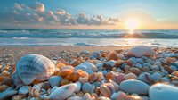 Beautiful seashells and pebbles on beach at sunrise, ocean waves and golden sunlight reflecting on wet stones. Perfect for travel, wellness, and coastal lifestyle designs.