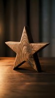 Handcrafted wooden star decoration with natural grain patterns on warm wooden surface with soft lighting for home decor and seasonal displays.