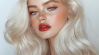 Young Caucasian woman with platinum blonde wavy hair, bright red lipstick and natural glowing makeup showing modern beauty trends and professional cosmetic application.