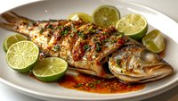 Grilled whole fish with herbs and lime slices on white plate. Fresh seafood dish with citrus garnish and spicy sauce for restaurant menu and cooking content.
