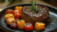 Juicy grilled beef tenderloin steak garnished with fresh rosemary sprig, served with roasted cherry tomatoes and yellow bell peppers on dark plate.