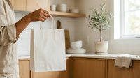 Person with medium skin tone holding white paper shopping bag in modern kitchen with wooden cabinets and potted plant, representing retail, shopping, and sustainable packaging.