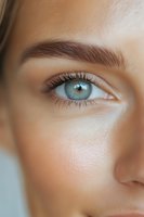 Close-up macro shot of a young Caucasian woman's bright blue eye with natural makeup, long eyelashes, and well-groomed eyebrow against soft skin texture.