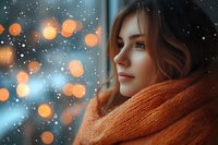 Young Caucasian woman wrapped in cozy orange scarf gazing through window with falling snow and bokeh lights creating dreamy winter atmosphere and warm mood.