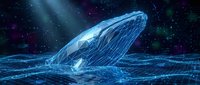 Digital whale breaching ocean surface with glowing blue wireframe effect against starry space background for futuristic marine technology concepts.