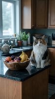 Tabby and white cat sitting on kitchen counter next to wooden bowl with fresh fruit, potted plant, and window with natural light for home decor.
