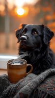 Black Labrador retriever with steaming coffee cup at sunset, cozy autumn atmosphere with knit blanket, warm golden light and bokeh background.