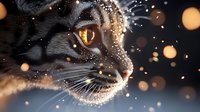 Close-up portrait of gray tabby cat with bright amber eyes surrounded by magical golden bokeh lights and sparkling particles creating dreamy atmosphere.
