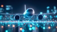 Passenger airplane landing at night with glowing runway lights and bokeh effect creating futuristic atmosphere. Modern aviation concept for transportation design.
