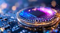 Futuristic microchip processor with glowing neon lights on circuit board showcasing advanced technology and artificial intelligence computing power.