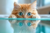 Adorable orange tabby kitten with bright blue eyes peeking over glass surface with reflection, fluffy fur and curious expression for pet care marketing.
