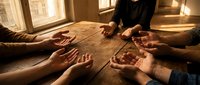 Group of diverse hands joined together in circle on wooden table symbolizing teamwork, unity and collaboration in warm sunlit room for business meetings.
