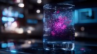 Glowing pink particles suspended in clear liquid against dark background with bokeh lights create futuristic scientific atmosphere. Suitable for biotechnology concepts.