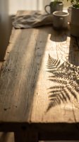 Wooden table with fern leaf shadows cast by sunlight, white mug and potted plants in soft natural light, creating warm minimalist home decor ambiance.