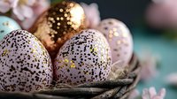 Decorative Easter eggs with gold speckled pattern on white surface, nestled in natural straw nest with soft pink spring blossoms in background.