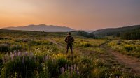 Hiker standing in wildflower meadow at sunset with mountains in background, outdoor adventure and nature exploration for travel and lifestyle content.