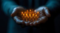Businessman hands holding glowing orange human figures representing team management, leadership, human resources and employee care in corporate environment.