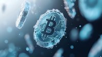 Cryptocurrency digital coins with circuit board patterns floating in blue light particles and bokeh effects, representing blockchain technology and digital finance.