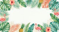 Tropical summer frame with palm leaves, hibiscus flowers, pineapples and flamingos on white background. Perfect for vacation designs and exotic themes.