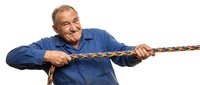 Senior Caucasian businessman in blue shirt pulling colorful rope in tug of war competition showing determination and teamwork on white background.