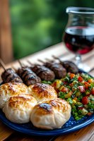 Fresh baked dinner rolls, grilled meat kebabs and colorful vegetable salad served with red wine on blue plate, close-up with natural lighting and bokeh.