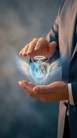 Male professional in business attire holding glowing shield icon with family silhouettes and halo, representing insurance, protection, and security services for families and loved ones.