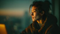 Young Asian woman in profile with warm golden lighting during sunset or sunrise creating atmospheric mood for lifestyle and portrait photography.