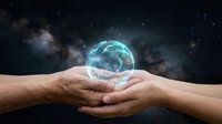 Two hands holding glowing digital globe against starry night sky, representing global connection, technology, and shared future vision for business concepts.