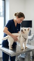 Female veterinarian in navy scrubs examining white small dog on metal examination table in modern clinic with ultrasound equipment visible in background.